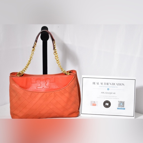 Tory Burch Alexa Quilted Slouchy Leather Tote Tory Burch Orange